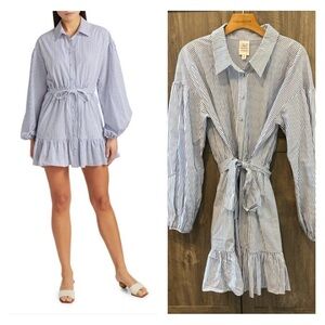 Cinq A Sept Kelly Striped Shirt Dress Mini Belted Tiered Ruffle Hem Cocktail